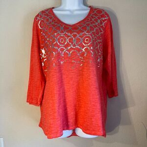 Sunsets & Sweet Tea Coral Distressed Top Size Large V Neck Lightweight Knit Boho